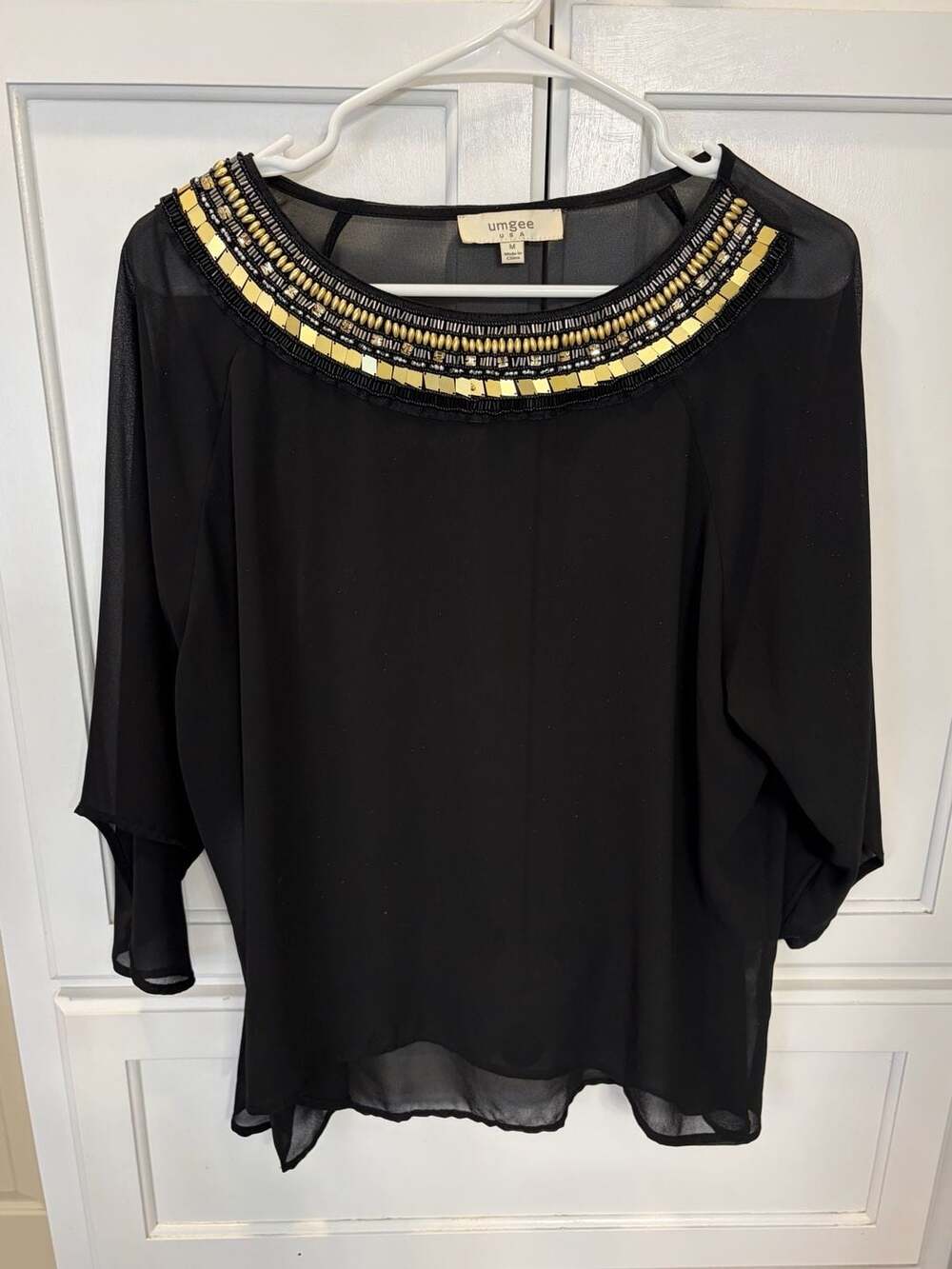Umgee USA Black Gold Beaded Embellished Chiffon Flowy Blouse Size M